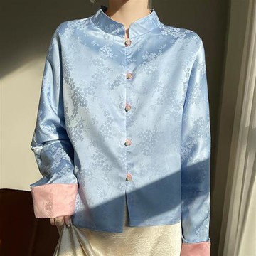 【米蘭精品】現貨+預購新中式唐裝上衣緞面罩衫-絲質提花拼色袖口女外套7色74lc93