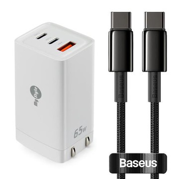 MyStyle 65W GaN氮化鎵極速充電器-白+倍思 鎢金線 Type-C to Type-C 快充充電線100cm