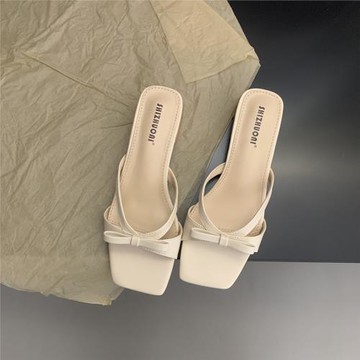 JIJI Studios溫柔蝴蝶結方頭露趾涼鞋女夏秋新款軟底簡約拖鞋防滑