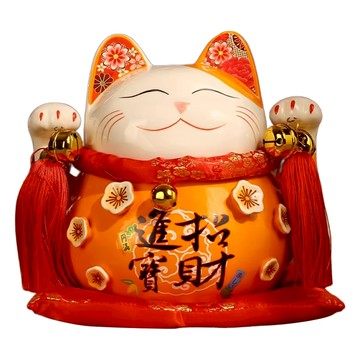 摩達客 春節開運招財 招財進寶招財貓 含坐墊  8.5吋(22 x 19 x 21cm)  橘色