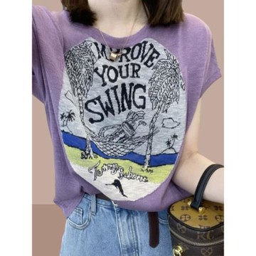 2025夏女裝新款女士短袖t恤遮肚子上衣洋氣減齡小衫體恤顯瘦冰絲