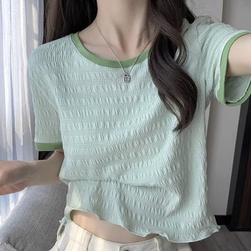 【全網最低價】#圓領上衣#撞色短袖t恤女2023夏季新款韓版薄款寬鬆顯瘦百搭中袖上衣服ins潮