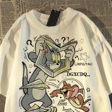 日系復古貓和老鼠短袖t恤男女夏季情侶純棉oversize高街百搭上衣