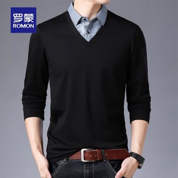 羅蒙春季新款韓版假兩件襯衫領上衣修身針織衫中青年男士長袖毛衣