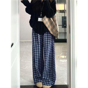 藍色格子休閑褲女秋冬新款胖妹妹mm梨型身材高腰寬松顯瘦闊腿長褲