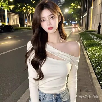 【臺灣出貨】🍋法式設計感露肩T恤女 斜領鏤空長袖上衣 純慾修身顯瘦上衣 斜領上衣 露肩上衣 長袖T恤 女生上衣 T恤女