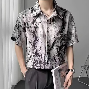 M-4XL扎染 花襯衫男  短袖 夏季 新款 高級感 痞帥 男裝  半袖 襯衫 薄款 百搭 短袖男 （N3694）