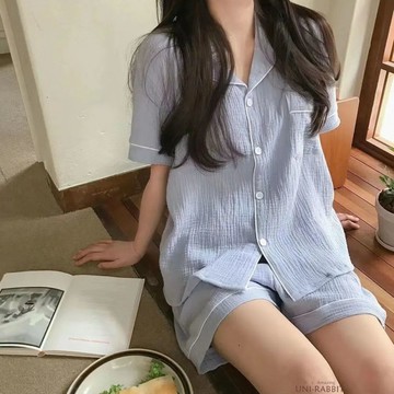 少女軟糯泡泡皺睡衣女夏天ins風爆款短袖短褲甜美家居服套裝女生短袖家居服 女生夏季居家休閒家居服 女生甜美家居服