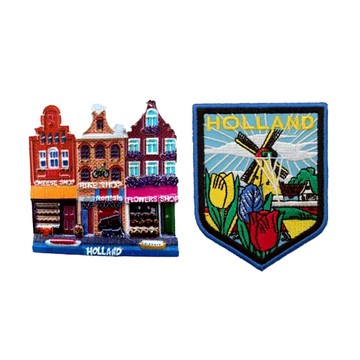 A-ONE 荷蘭達姆拉克街療癒磁鐵 + 鬱金香外套電繡 2件組  荷蘭達姆拉克街 + 鬱金香  2.76 x 2.99吋 + 2.5 x 3.1吋