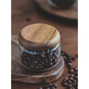 簡約透明玻璃儲物罐實木蓋圓形小號收納罐家用干貨雜糧咖啡密封罐