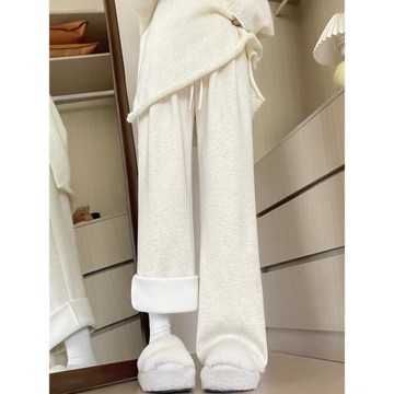 白色加絨糯米褲女2025新款秋冬小個子直筒褲垂感慵懶感羊絨闊腿褲