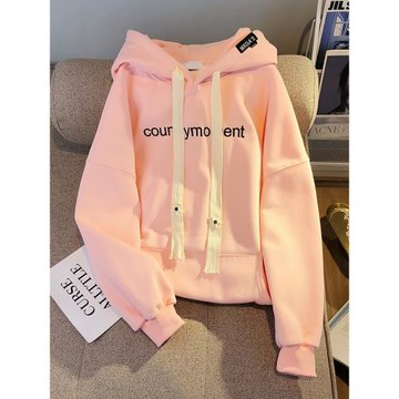 美式oversize小熊粉色連帽衛衣女加絨顯瘦中長款2026秋冬美式外套