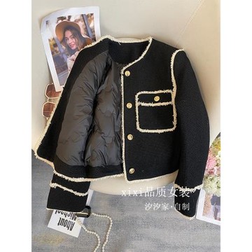 黑色小香風羽絨服女冬季2025新款高端法式氣質羽絨內膽羊毛短外套