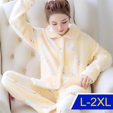 【韓國K.W.】親膚保暖絨兔子印花休閒居家套裝(内加絨/保暖/休閒/睡衣)