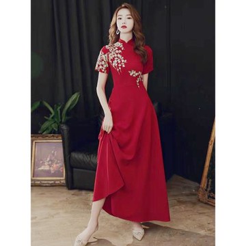 禮儀旗袍敬酒服紅色外嫁女回娘家顯瘦禮服氣質合唱演出服中國紅