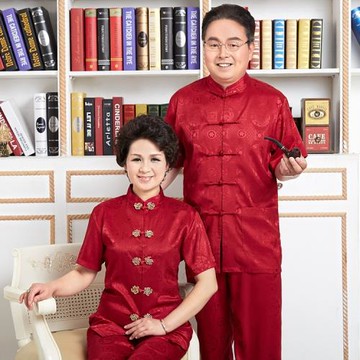 中老年唐裝男女士情侶裝夏裝2024夏季絲綢薄款短袖生日情侶套裝女