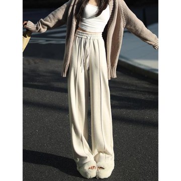 (免運)白色闊腿褲女2025新款加長垂感糯米褲秋冬款加絨褲子人字紋羊毛褲