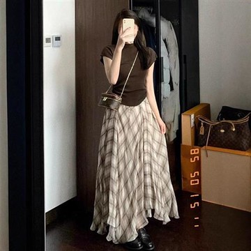 【米蘭精品】休閒套裝短袖裙裝-抽绳T恤格紋長裙女裝74km69
