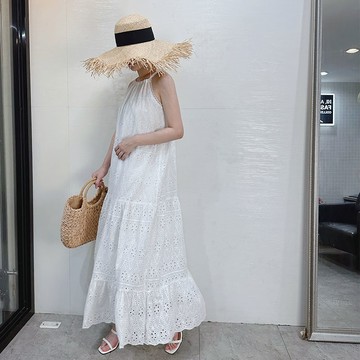 ANNAS 正韓 特價便宜款 實拍 度假長洋裝 蕾絲燒花 長裙 削尖洋裝 海島渡假 浪漫女神性感