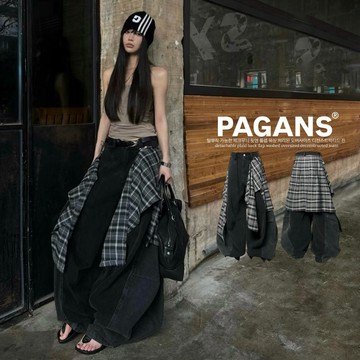 【PAGANS STORE】美式 復古 解構 水洗 重磅 大廓形 牛仔褲 可拆式 格紋 屁簾 闊腿 彎刀褲 牛仔 長褲
