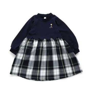 日本 apres les cours - 可愛貝殼下擺印花長袖洋裝-格紋-黑白