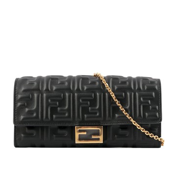 FENDI FF Logo壓紋小羊皮鍊帶WOC(黑色) 8M0365 AAJD F0KUR