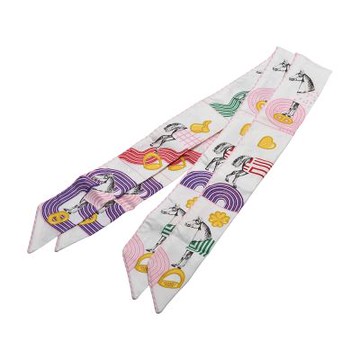 HERMES 經典Garde-Robe POP豬鼻子馬頭圖騰Twilly絲巾領結(粉白-一組兩入)