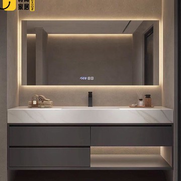 免運 可開發票 【工廠直銷】 浴室智能鏡 110v鏡子 化妝鏡 簡約實木多層E0級掛墻巖板推拉式帶鏡燈浴室櫃組合