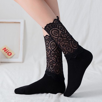 蕾絲襪 女襪 夏季性感鏤空中筒襪 日系jk洛麗塔堆堆襪 薄款透氣軟妹花邊襪