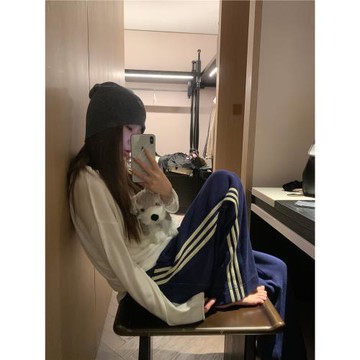 ASHENONLINE 馬德里凌晨 藍色運動風側條紋衛褲拖地休閑直筒褲女