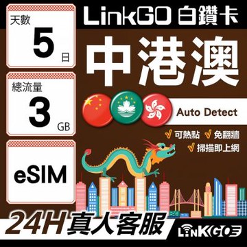 LINKGO白鑽卡 中港澳 eSIM卡 5天上網卡 總流量3GB 無限流量 免翻牆可熱點(中港澳網卡 中國 大陸 香港 澳門 虛擬卡)