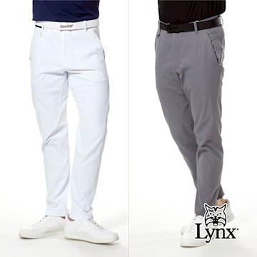 【Lynx Golf】首爾高桿風格！男款彈性舒適防潑水山貓透明膠印隱形拉鍊口袋平口休閒長褲(二色)