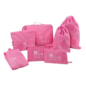 E.City 韓版加厚質感旅行收納 外衣袋 + 內衣袋 + 洗漱包 + 數位包 + 手提鞋袋 + 大號束口衣物袋 + 小號束口衣物袋 七件  玫紅色  外衣袋36 x 23 x 7.5cm 內衣袋28 x 21 x 5.5cm 洗漱包26 x 15.5 x 8.5cm 數位包23