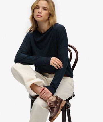 Superdry Women's Studios Boat Neck Slub Long Sleeve Top Navy Size: 10