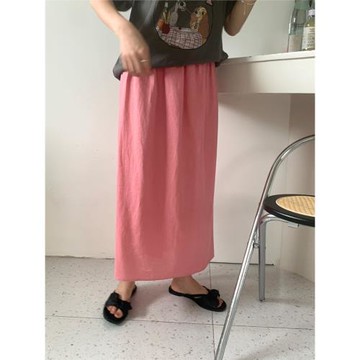 LOVELY 韓系百搭松緊高腰天絲麻半身裙女夏涼感減齡后開叉中長裙