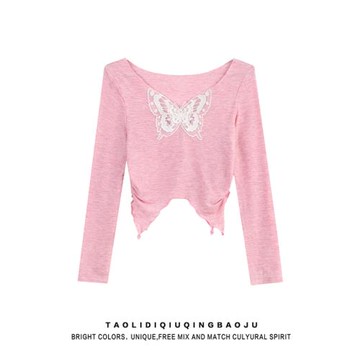 韓版辣妹蕾絲蝴蝶刺繡長袖T恤女不規則下擺褶皺顯瘦百搭短款上衣