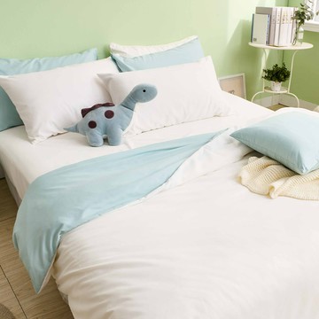 床包被套組-單人/雙人/加大/ 舒柔棉 / 優雅白床包＋白綠被套 台灣製