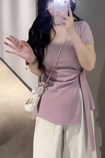💕甜心大尺碼💕大尺碼  上衣正肩顯瘦大碼胖mm純棉女裝短袖t恤夏季時尚開叉系帶體恤上衣200斤
