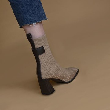 （特價搶購）秋冬針織襪子靴彈力靴軟皮方頭粗跟瘦瘦靴高跟女短靴