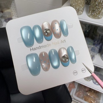 ➕最新設計款穿戴甲💅【冰川薄荷】夏日穿戴純手工色波點顯白裸色貓眼氣質高級辣妹學生短橢圓穿戴甲 CK1H