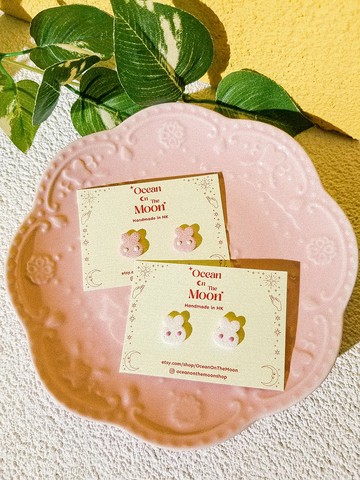 原創手作 Ocean On The Moon -可愛小兔軟陶耳釘/耳夾