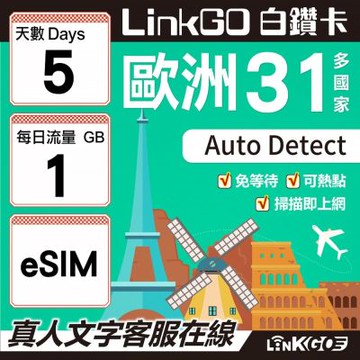 LINKGO白鑽卡 歐洲31國 eSIM卡 5天上網卡 每日1GB(歐洲網卡 西班牙 德國 奧地利 英國)