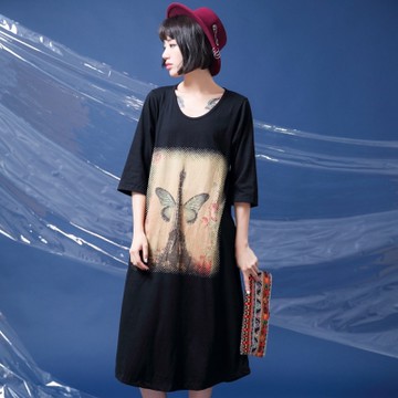 古著 鐵塔蝴蝶圖印側拉口袋七分袖棉質長洋裝