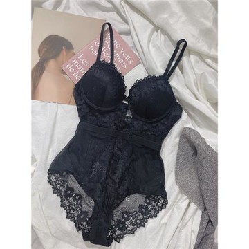 蕾絲網紗透明性感連體內衣辣妹復古內搭黑色薄款吊帶歐美大碼文胸