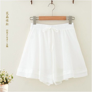 中學生女夏裝小清新純色雪紡短褲女士寬松顯瘦闊腿褲文藝百搭裙褲