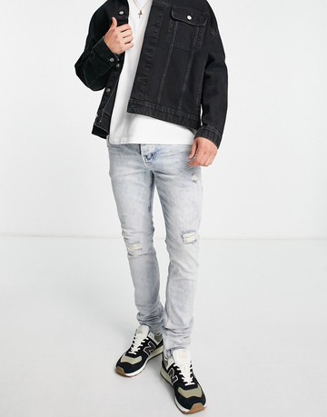 AllSaints cigarette damaged skinny jeans in light wash-Blue