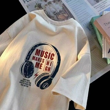 男短袖t恤新款圓領寬鬆衣服夏季潮流印花青少年半袖大碼體恤男裝