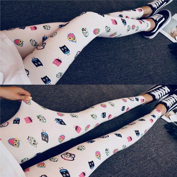 春夏新款大碼大彈力印花打底褲卡通圖案貓頭鷹緊身百搭九分褲