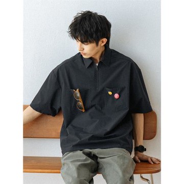 714street日系短袖工裝襯衫男高級感夏季polo衫情侶t恤男裝襯衣
