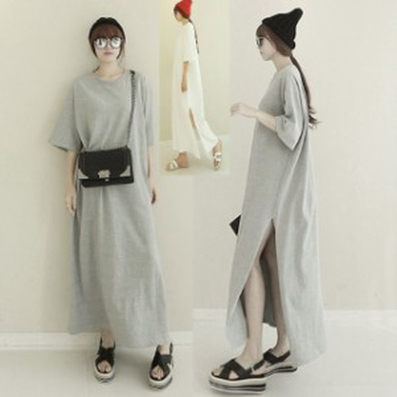 レディース ワンピース ロングtシャツ Tシャツワンピース シンプルワンピ 綿 ラウンドネック 七分袖 サイドスリット 無地 グレー 白 らく 通販 Lineポイント最大1 0 Get Lineショッピング